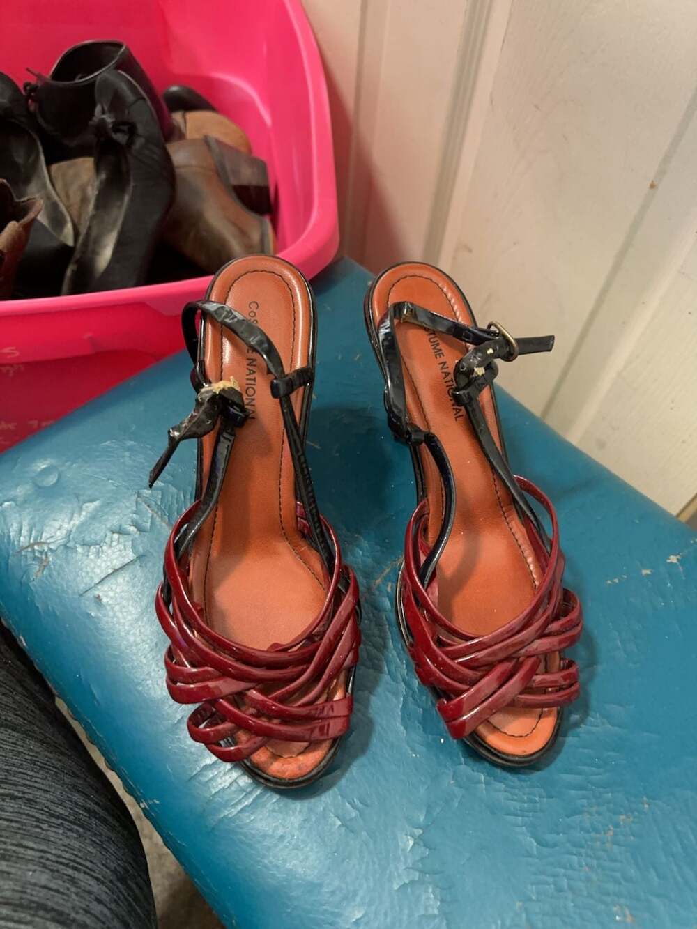 Costume National Women's Red Patent Leather Strappy Wooden Heel Sandals Size 37